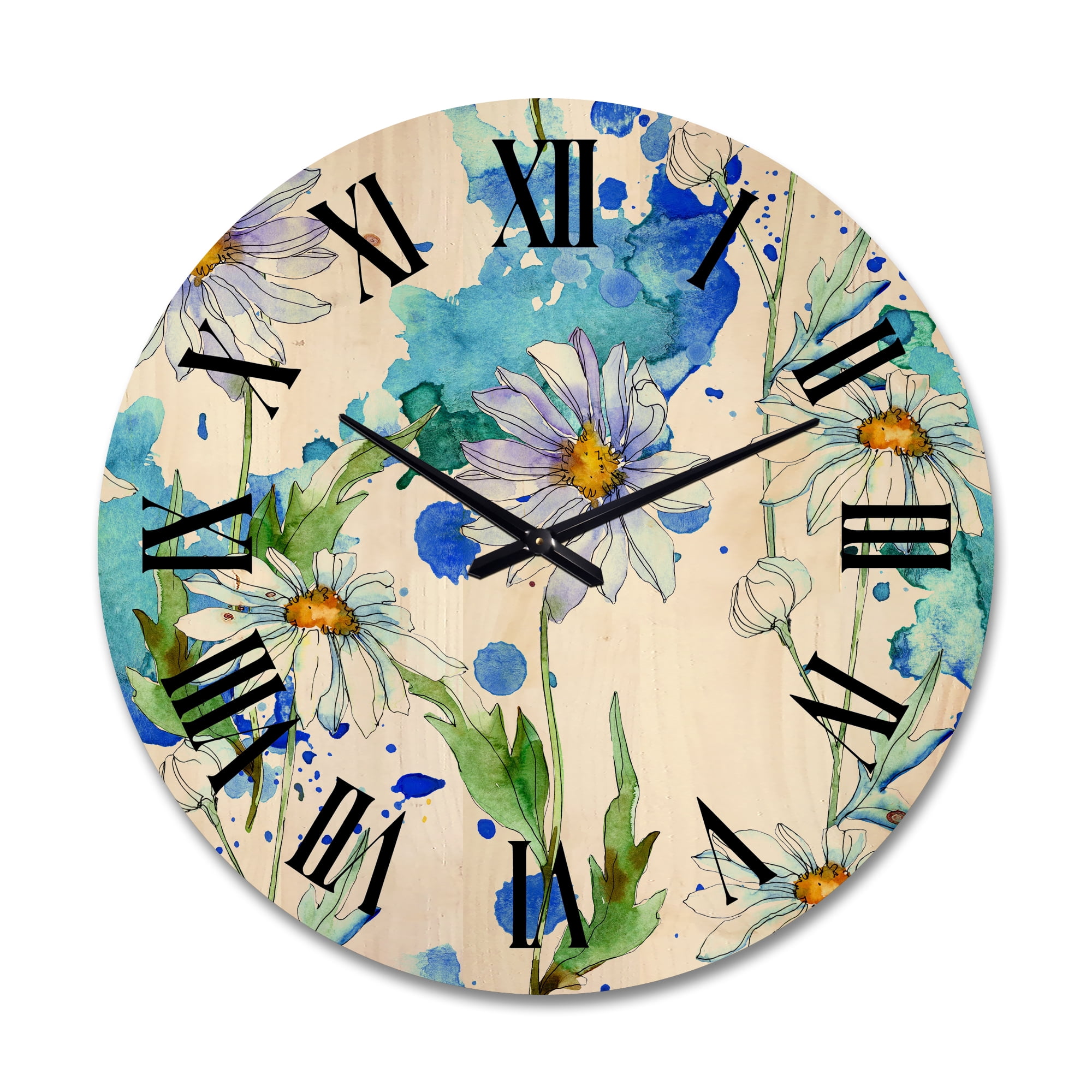 Designart 'Daisies With Green Leaves and Background' Traditional Wood Wall Clock