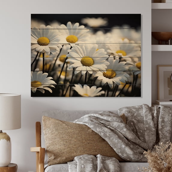 Designart "Daisies landscape Sunrise I" Floral Print on Natural Pine Wood