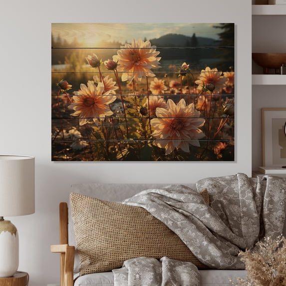 Designart "Daisies landscape Sunrise II" Floral Print on Natural Pine Wood