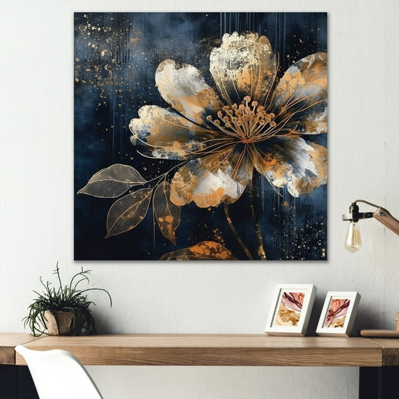 Designart "Daisy Petals in Gold and Blue" Floral Daisy Metal Art Print
