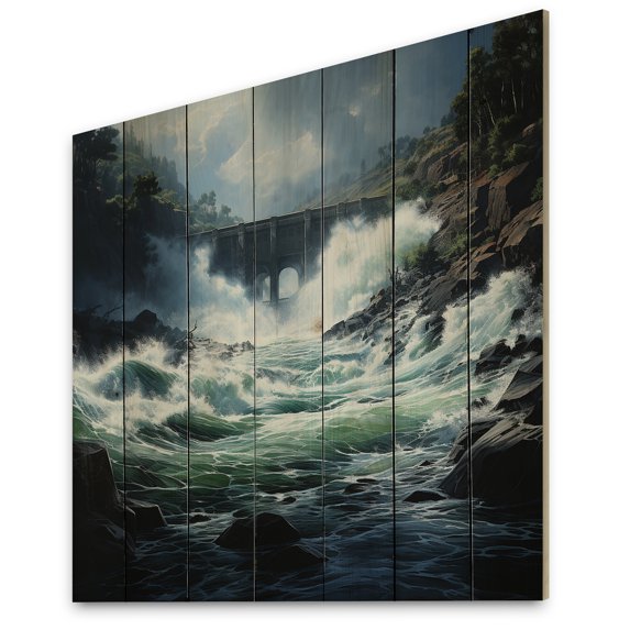 Designart "Dam Sublime Power Painting II" Landscapes Print on Natural Pine Wood