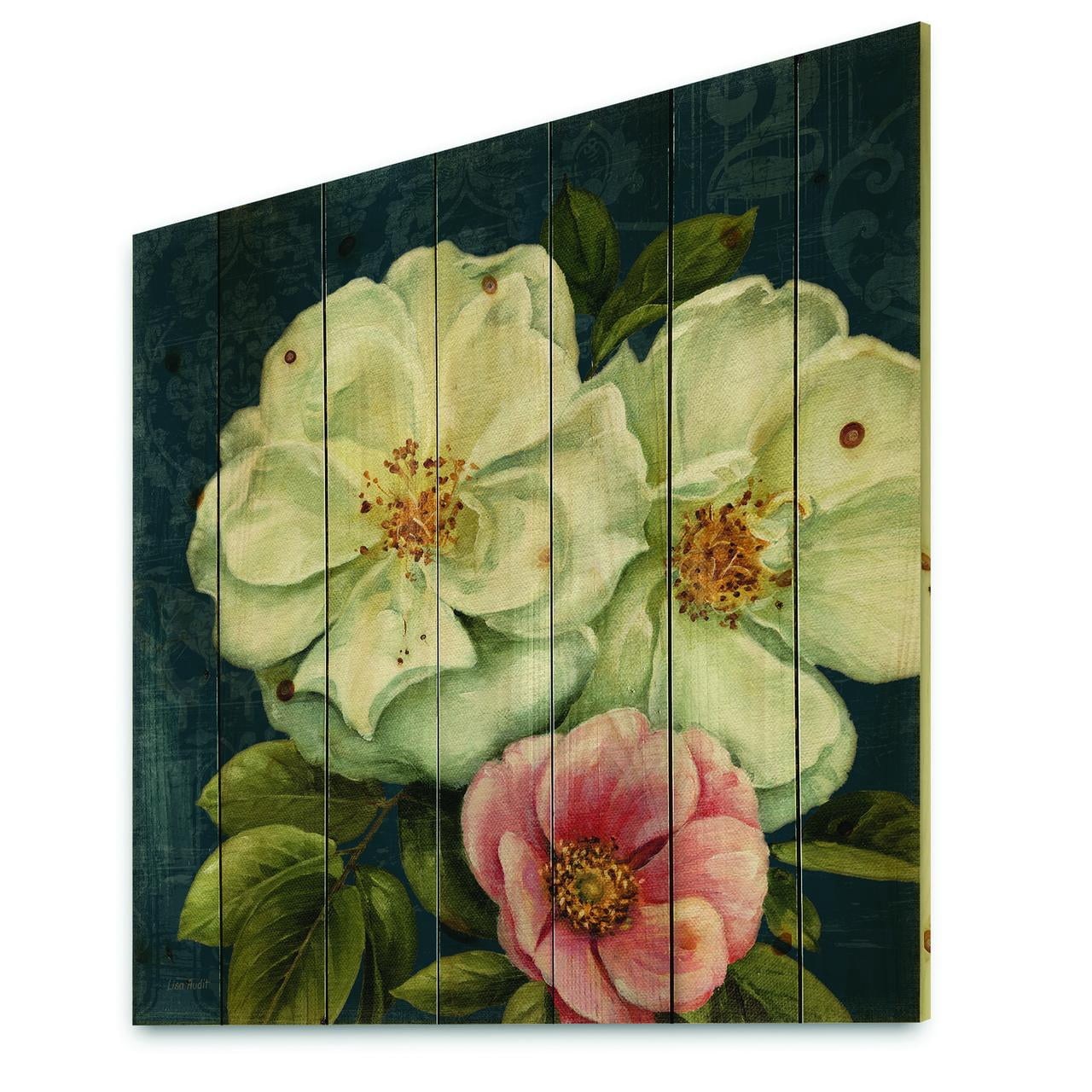 Designart 'Damask Flowers On Blue' Farmhouse Print on Natural Pine Wood