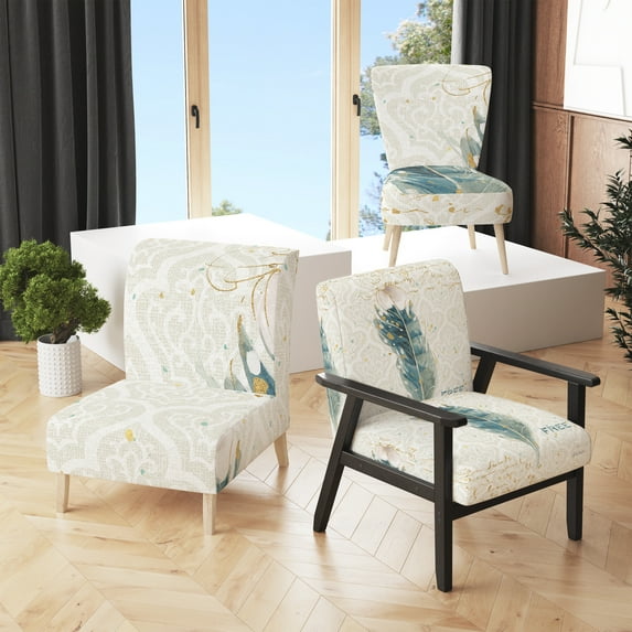 Designart "Damask Painted Gilded Feather On Blue" Upholstered Nautical & Coastal Accent Chair - Arm Chair
