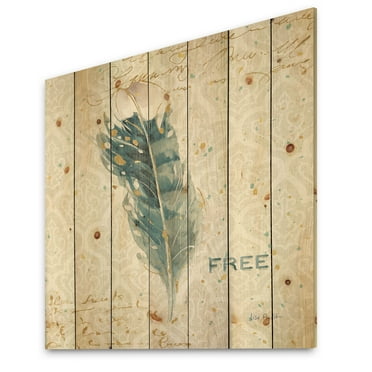 Designart 'Damask Painted Gilded Feather on Blue' Nautical & Coastal Print on Natural Pine Wood