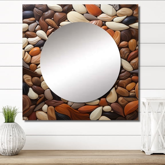 Designart "Dance Of Beans And Stones Montage" cacao Square Mirror Wall Decor Traditional - Large Grey Square Bathroom Mirror - Square Printed Wall Mirror Art