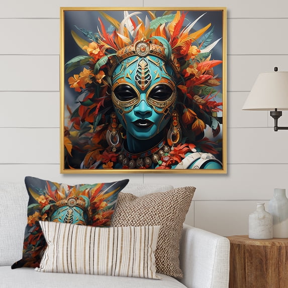 Designart "Dance of African Masks I" People Framed Wall Art - International Blue African Mask Living Room Framed Canvas Art