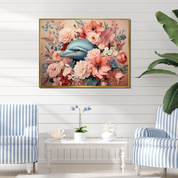 Designart "Dance of Dolphins in Florals" Animals Framed Wall Art - Coastal Pink Coastal Animal Hallway Framed Wall Art Decor