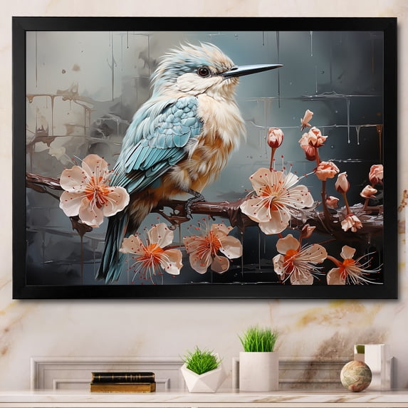 Designart "Dancing Hummingbird amid Blue Florals" Animals Framed Wall Art Decor - Modern Farmhouse Blue Hummingbird Hallway Framed Wall Art Decor