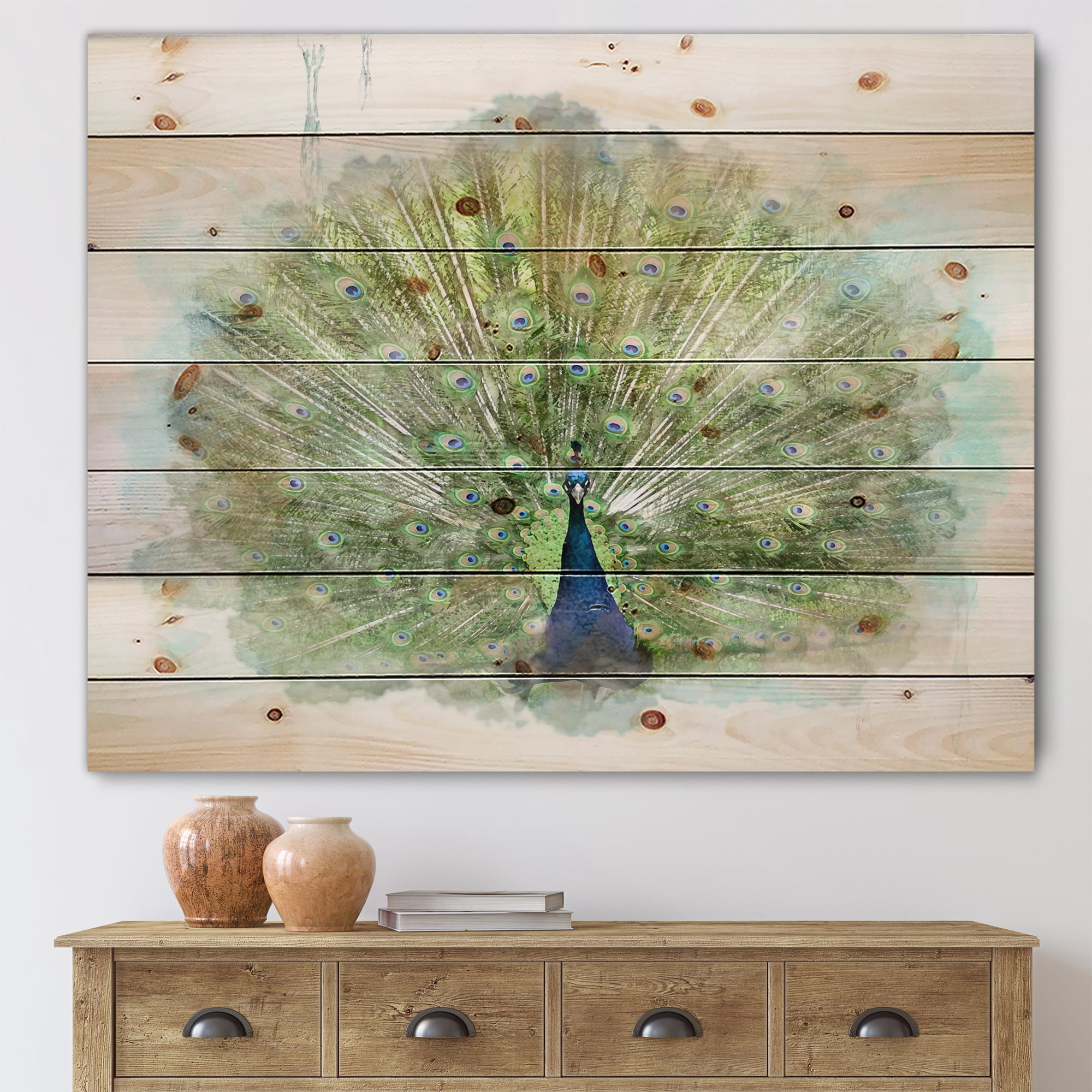 Designart 'Dancing Peacock Bird' Traditional Print on Natural Pine Wood
