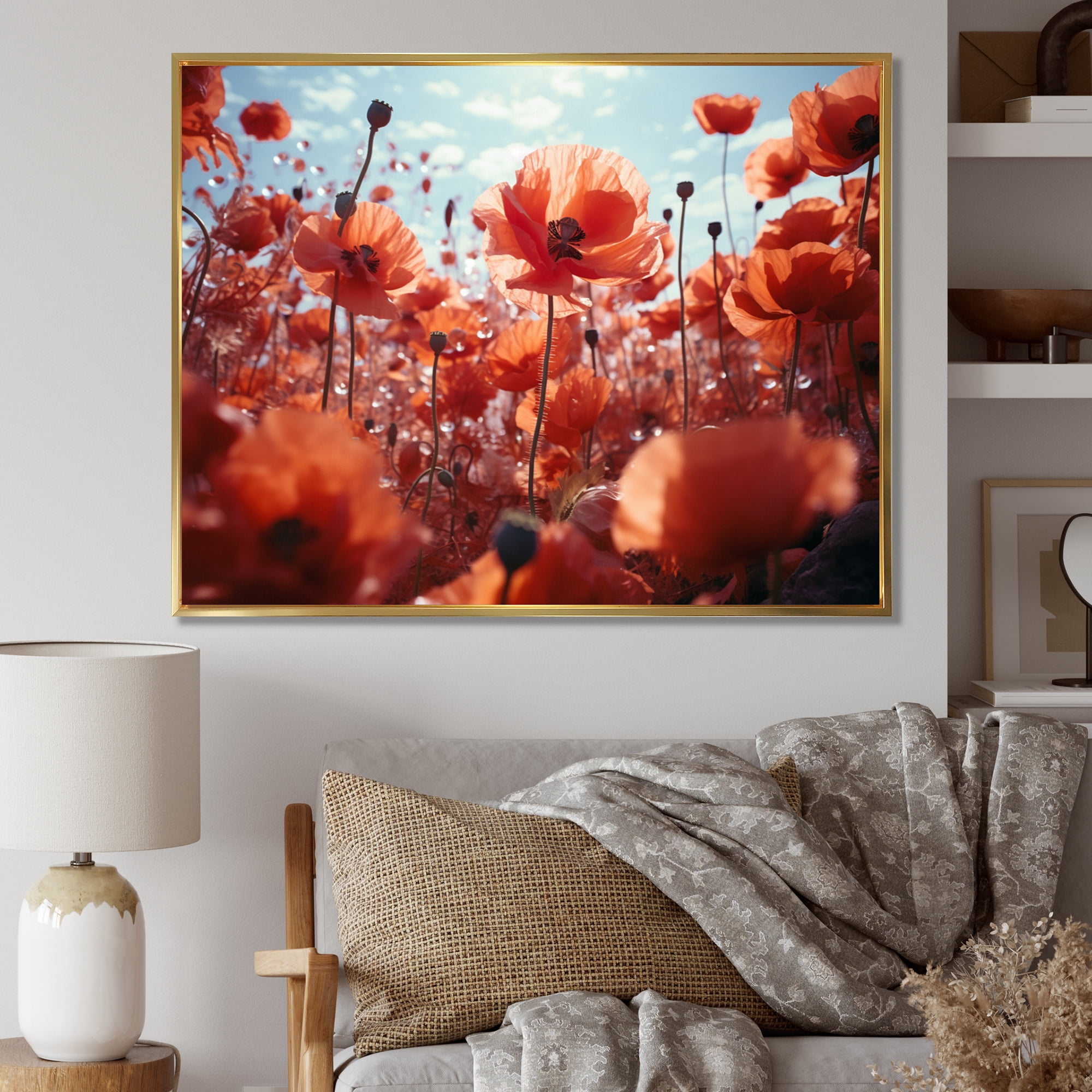 Designart "Dancing Poppies Red and Blue Floral Rhapsody I" Floral ...