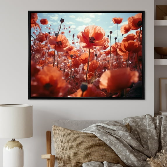 Designart "Dancing Poppies Red and Blue Floral Rhapsody I" Floral Floater Framed Wall Decor