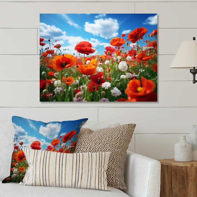 Designart "Dancing Poppies Red and Blue Floral Rhapsody II" Floral Metal Art Print