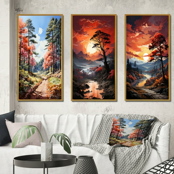Designart "Dancing Shadows Green Pine Tree" Floral Framed Wall Art Set Of 3 - Green Tree Pine Frame Gallery Set For Office Decor