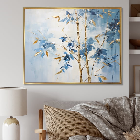 Designart "Dancing With Blue And Gold Bamboo II" Bamboo Floater Framed Wall Art Prints