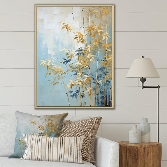 Designart "Dancing With Blue And Gold Bamboo III" Bamboo Floater Framed Wall Art Living Room