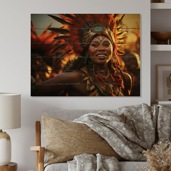 Designart "Dancing Zulus of Africa I" African Print on Natural Pine Wood