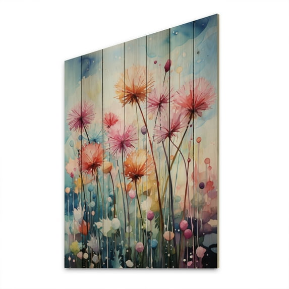 Designart "Dandelion Representation Colorfuled Acrylic I" Floral Print on Natural Pine Wood