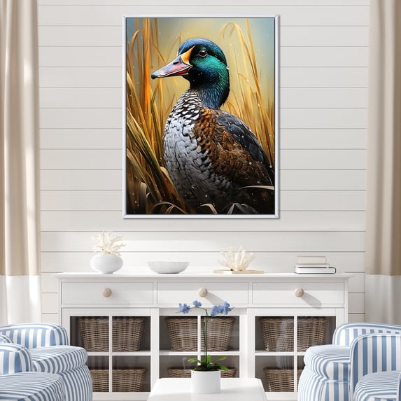 Designart "Dappled Drake at the Pond II" Animals Framed Wall Art - Traditional Blue Duck Entryway Framed Wall Art