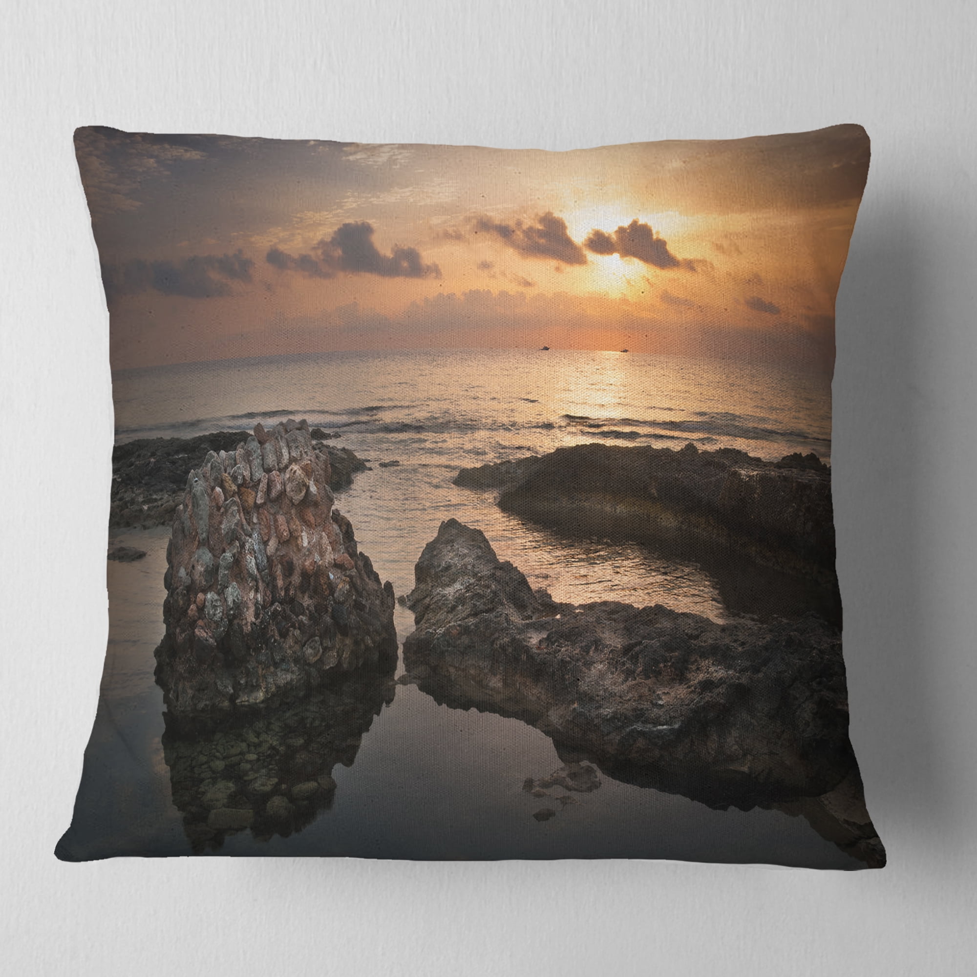 Designart Dark Africa Beach with Ancient Ruins - Oversized Beach Throw Pillow - 16x16
