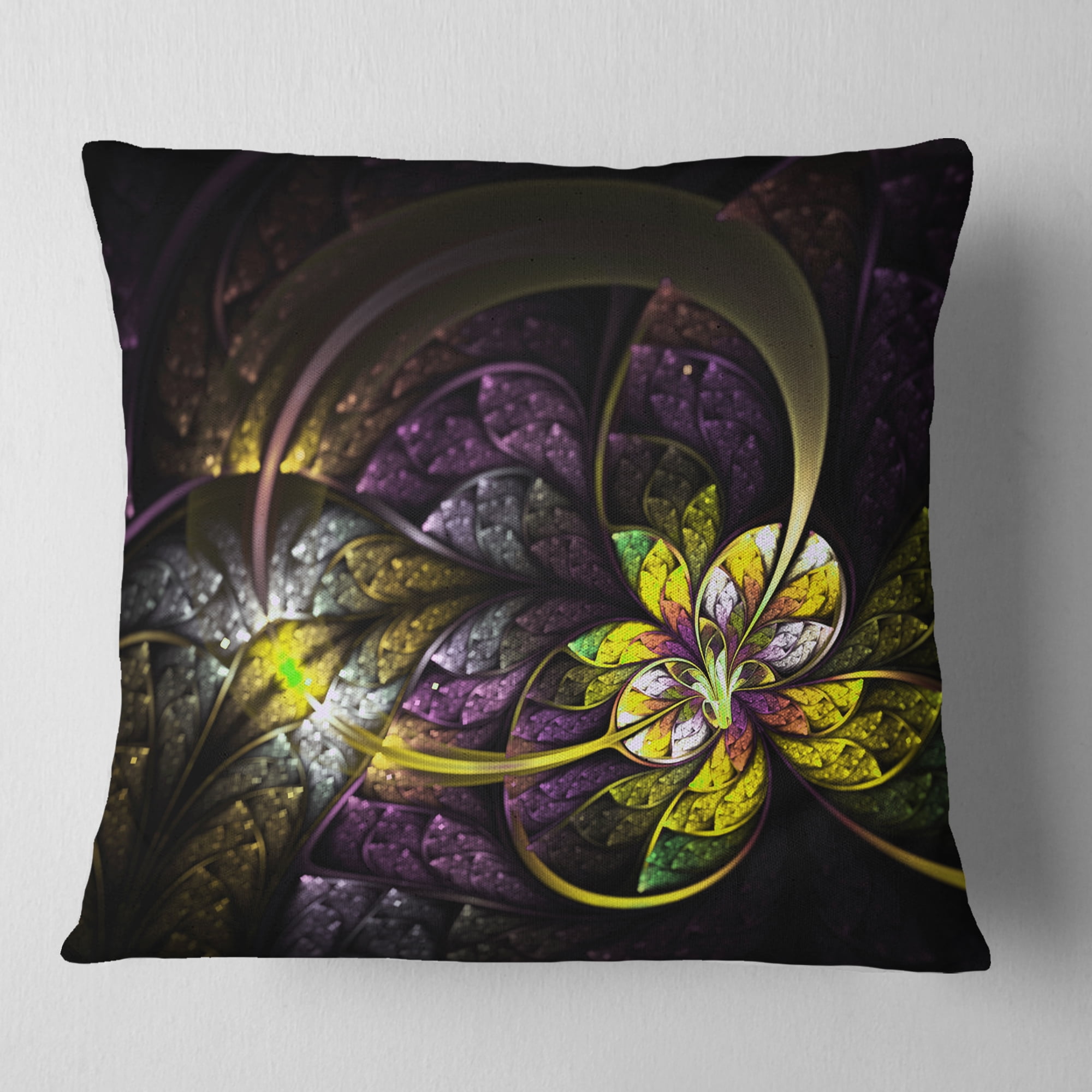 Designart Dark Alien Digital Art Fractal Flower - Floral Throw Pillow - 16x16