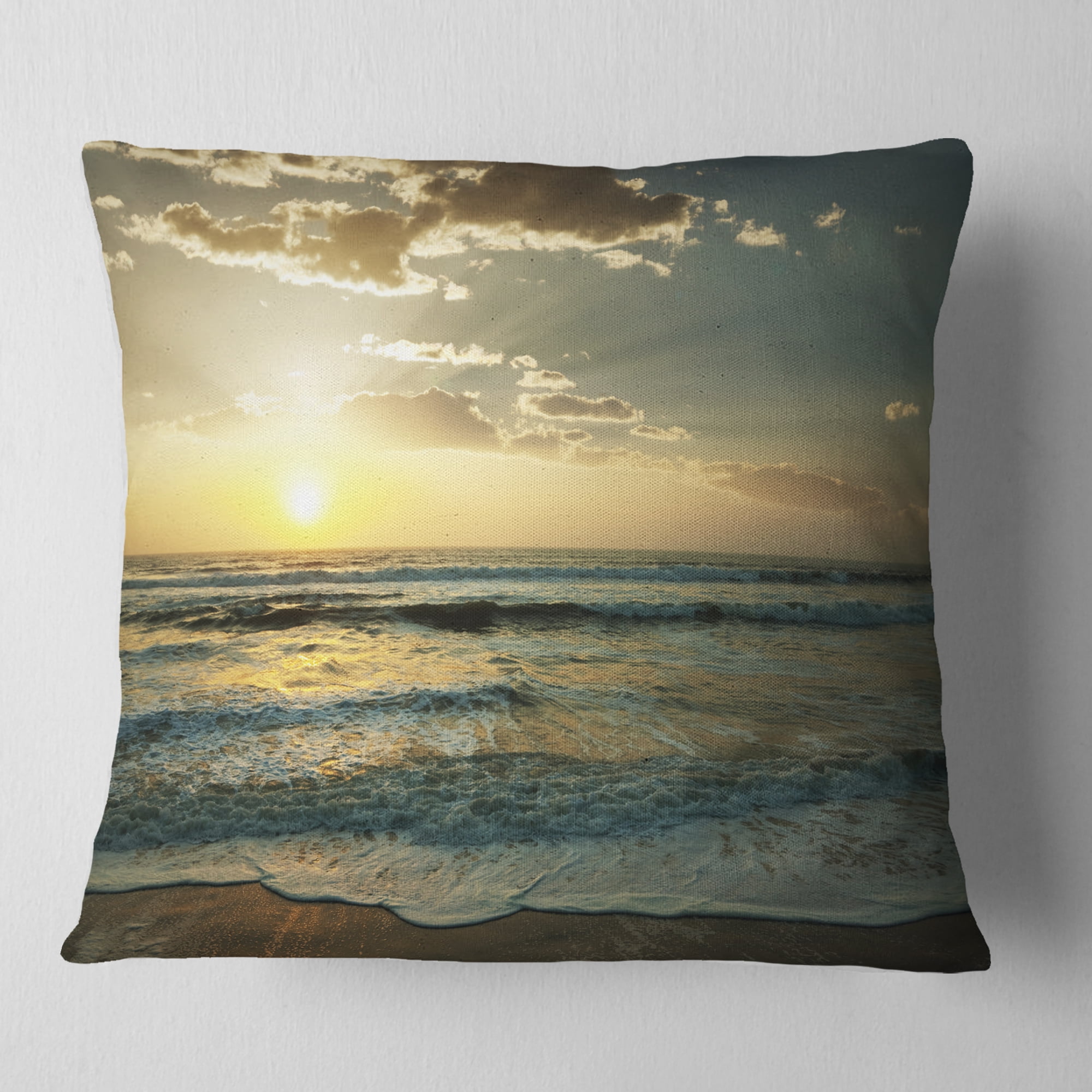 Designart Dark Beach and Waves At Sunset - Beach Photo Throw Pillow - 18x18