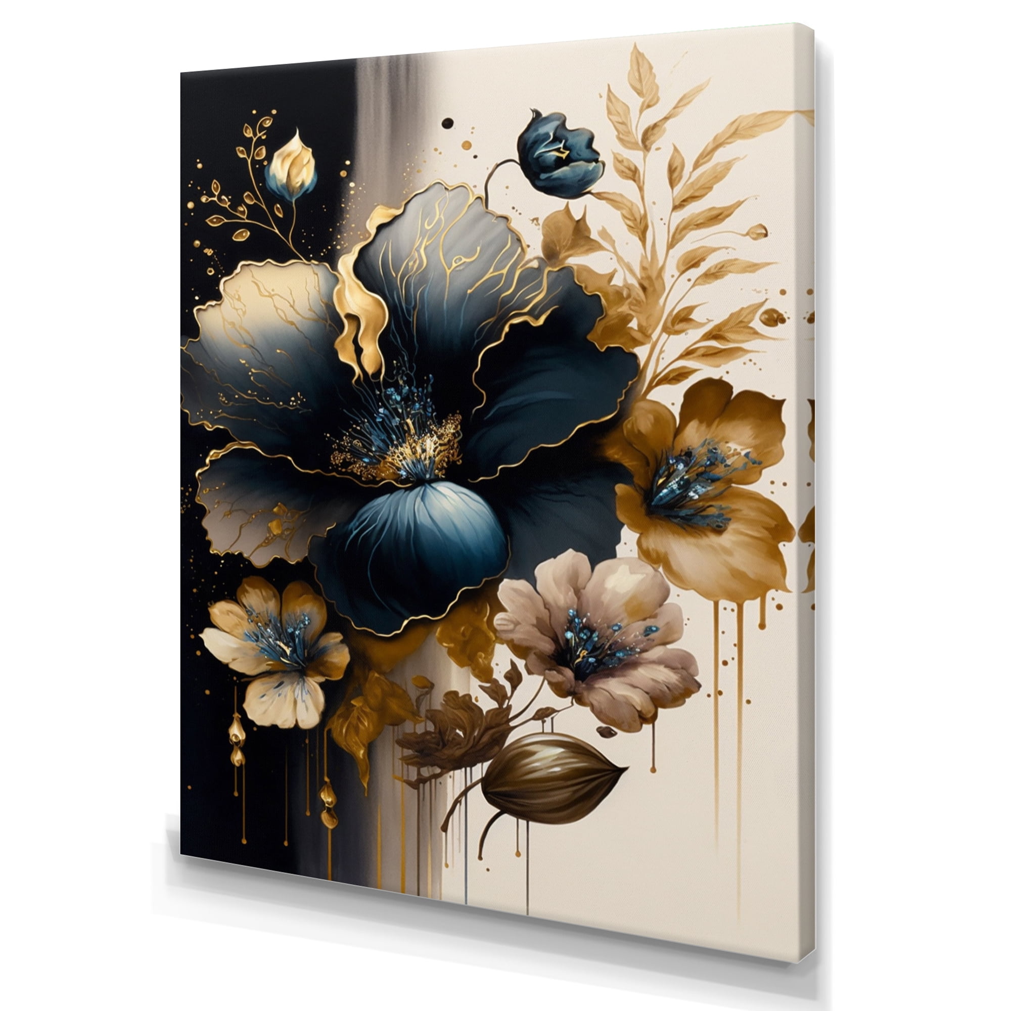 Designart Dark Blue And Gold Hibiscus II Canvas Wall Art