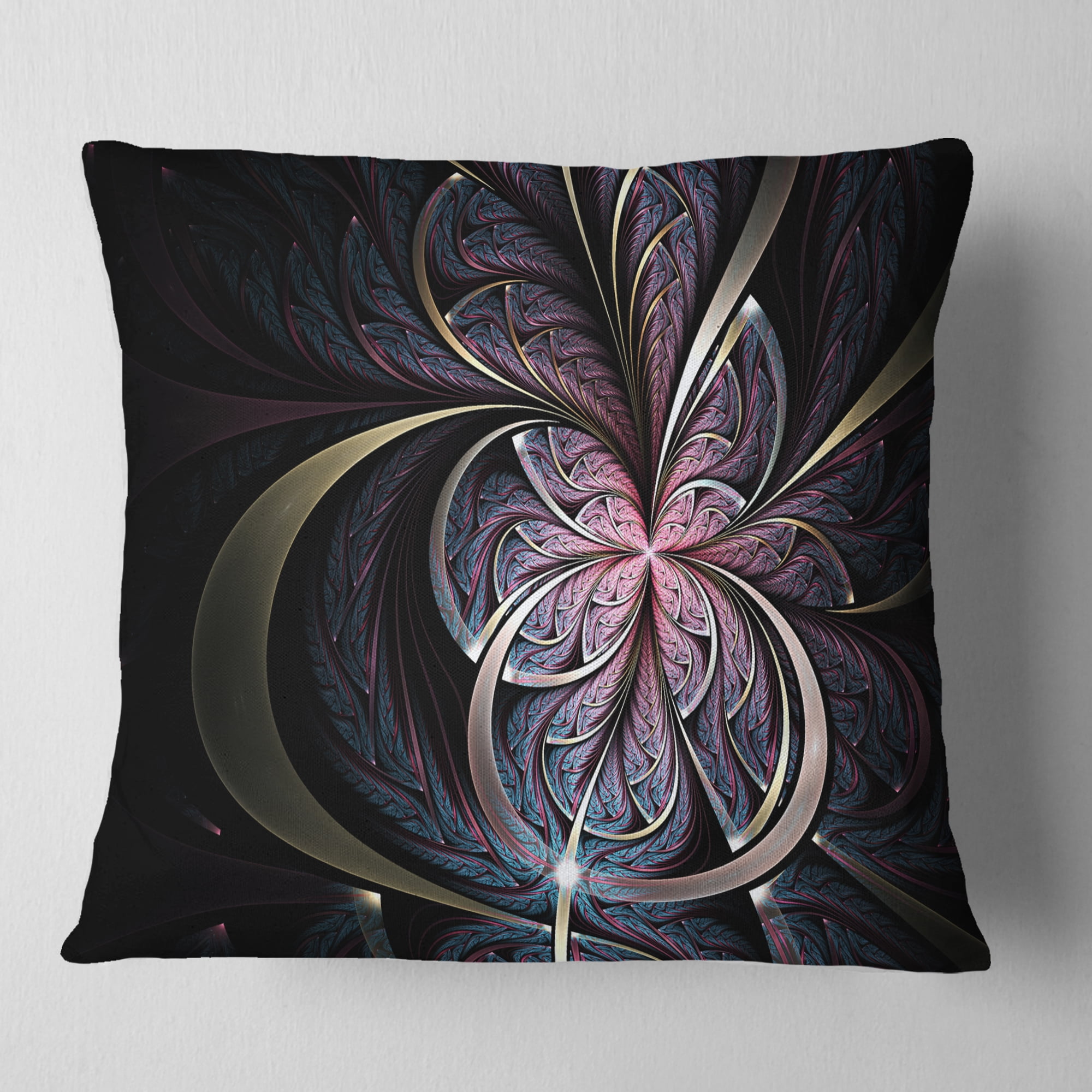 Designart Dark Blue Fractal Butterfly Flower - Floral Throw Pillow - 18x18