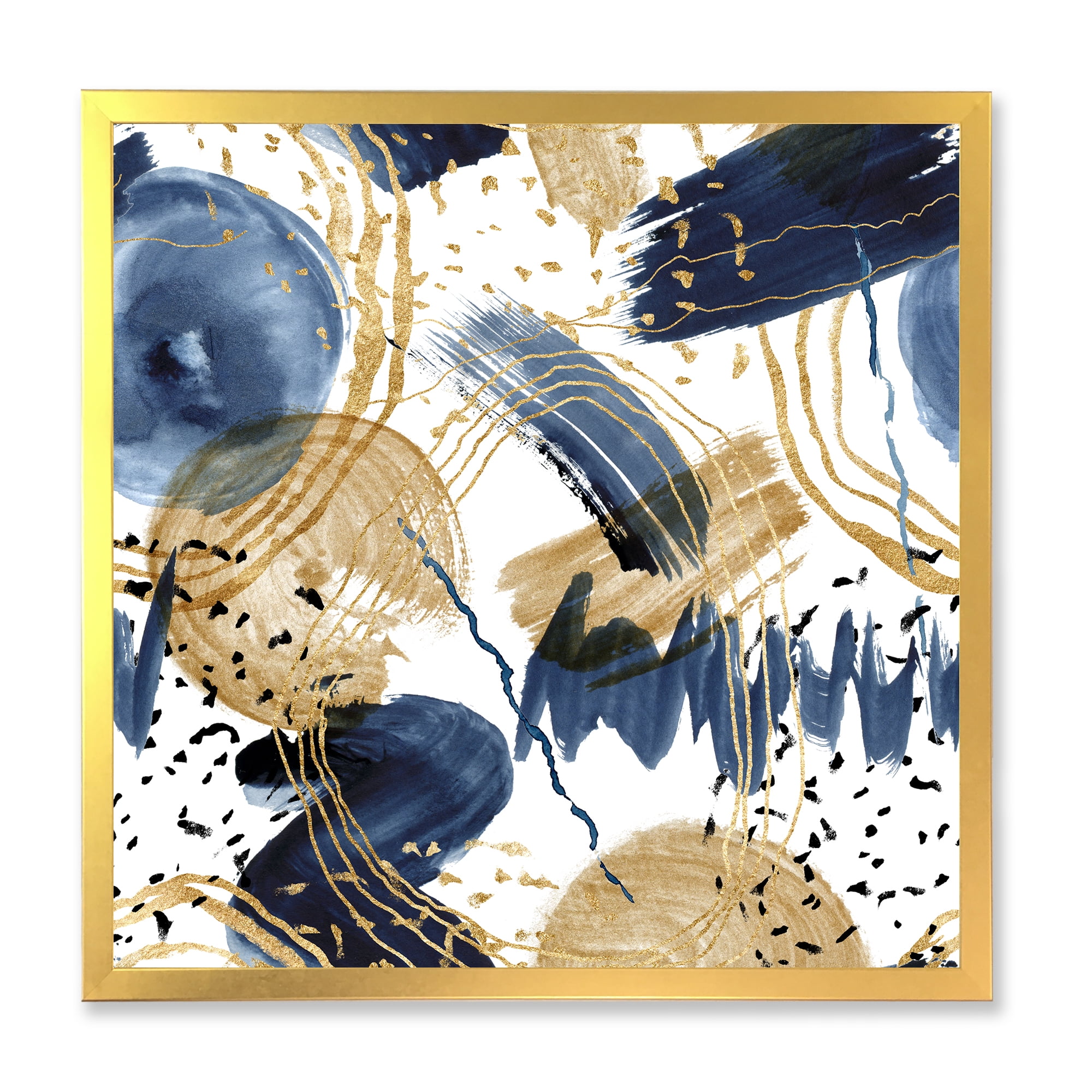 Designart 'Dark Blue & Golden Textures With Abstract Pattern' Modern Framed Art Print