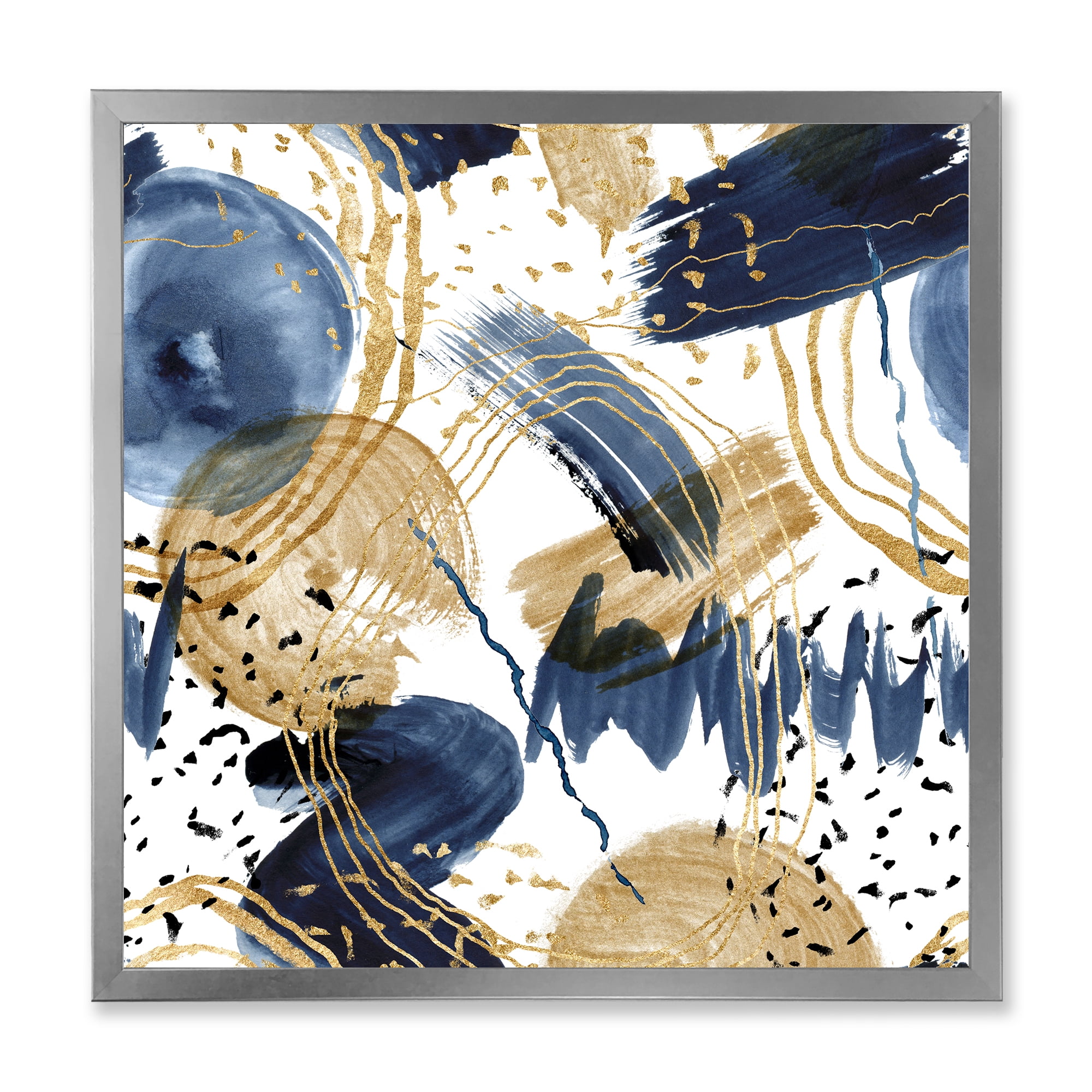 Designart 'Dark Blue & Golden Textures With Abstract Pattern' Modern Framed Art Print