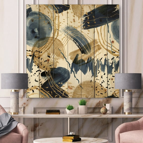 Designart 'Dark Blue & Golden Textures With Abstract Pattern' Modern Print on Natural Pine Wood