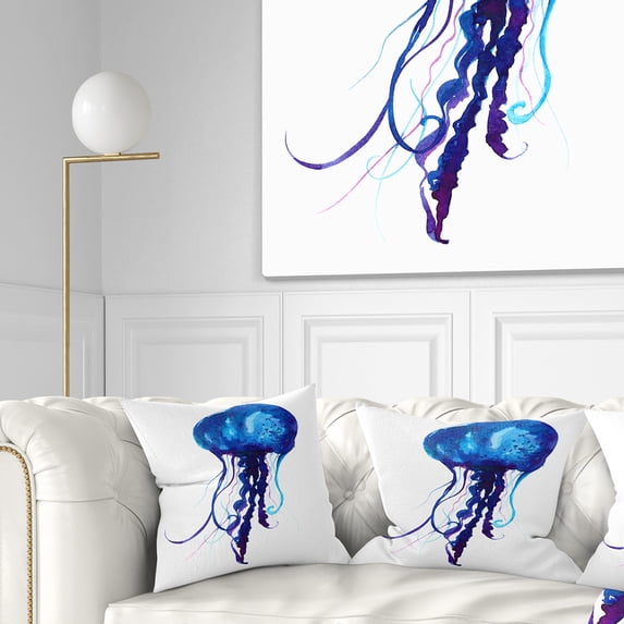 Designart Dark Blue Jellyfish Watercolor - Animal Throw Pillow - 18x18