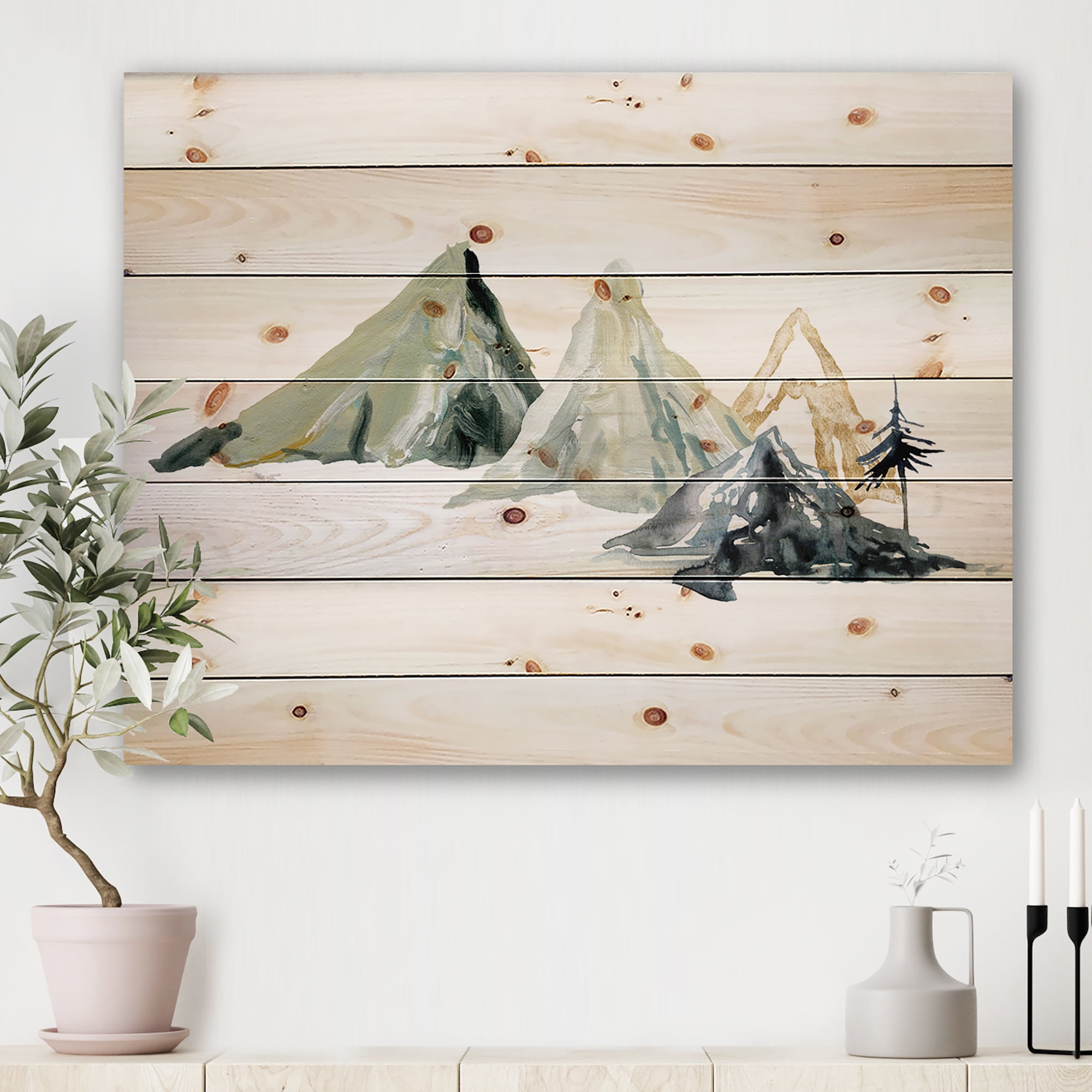 Designart 'Dark Blue Mountain Landscape Winter Minimalistic I' Modern Print on Natural Pine Wood