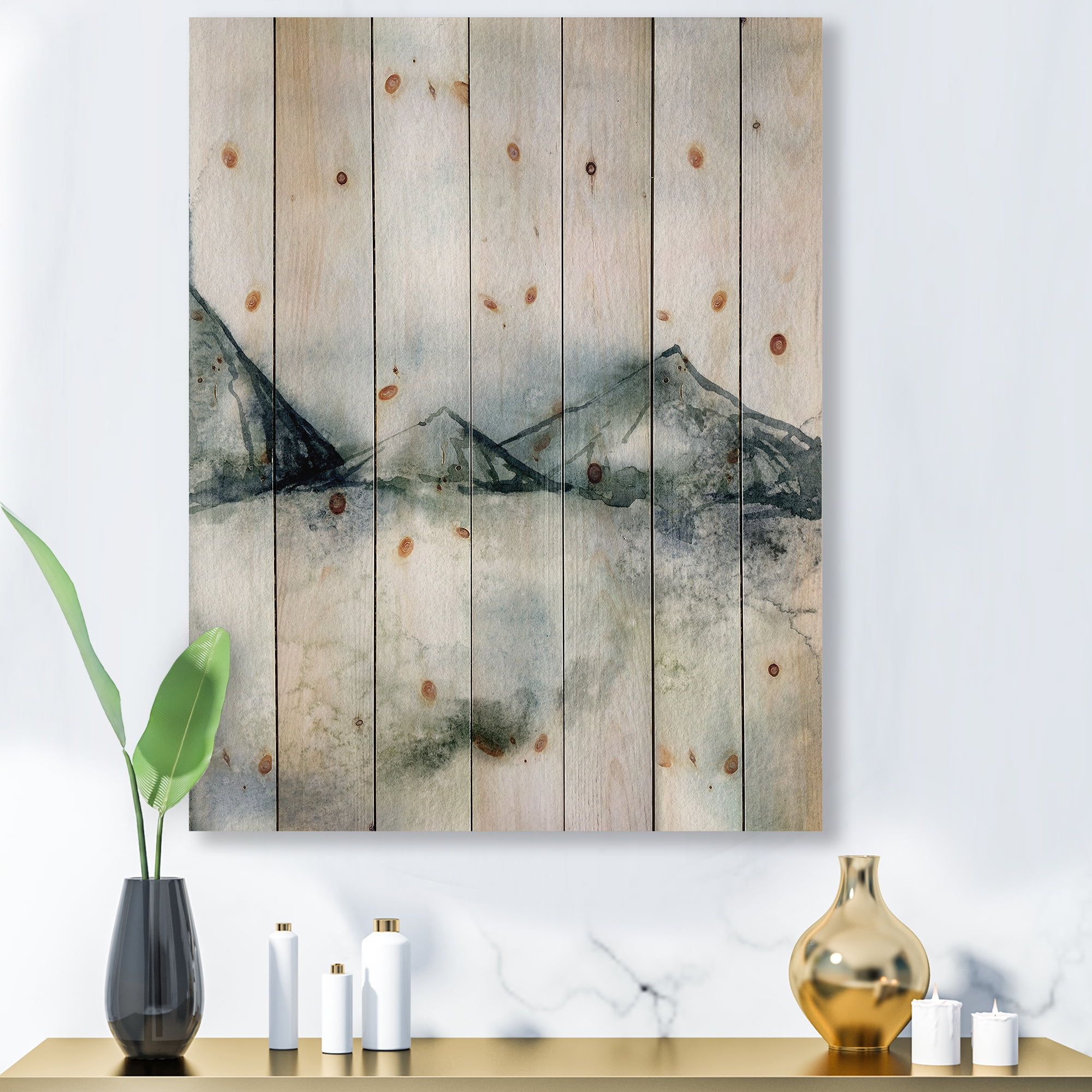 Designart 'Dark Blue Mountain Landscape Winter Minimalistic' Modern Print on Natural Pine Wood