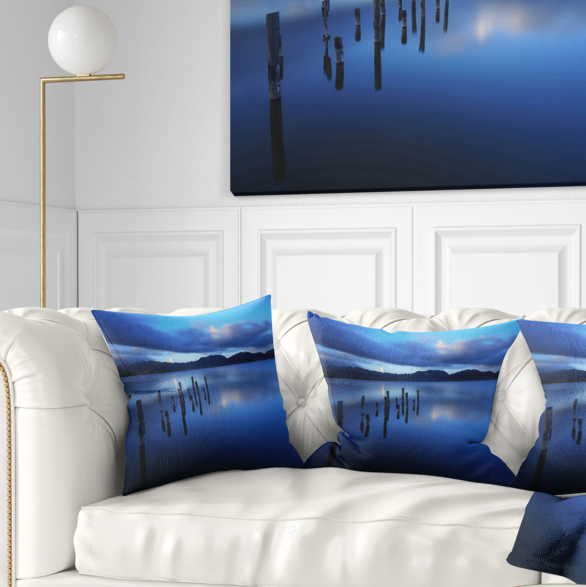 Designart Dark Blue Sea with Pier Remains - Seascape Throw Pillow - 18x18