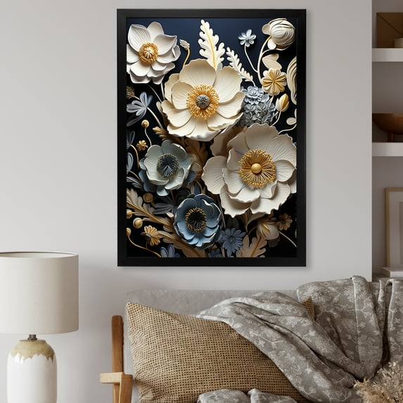 Designart "Dark Blue Shadowed Buttercups" Buttercups Picture Framed Canvas Wall Art