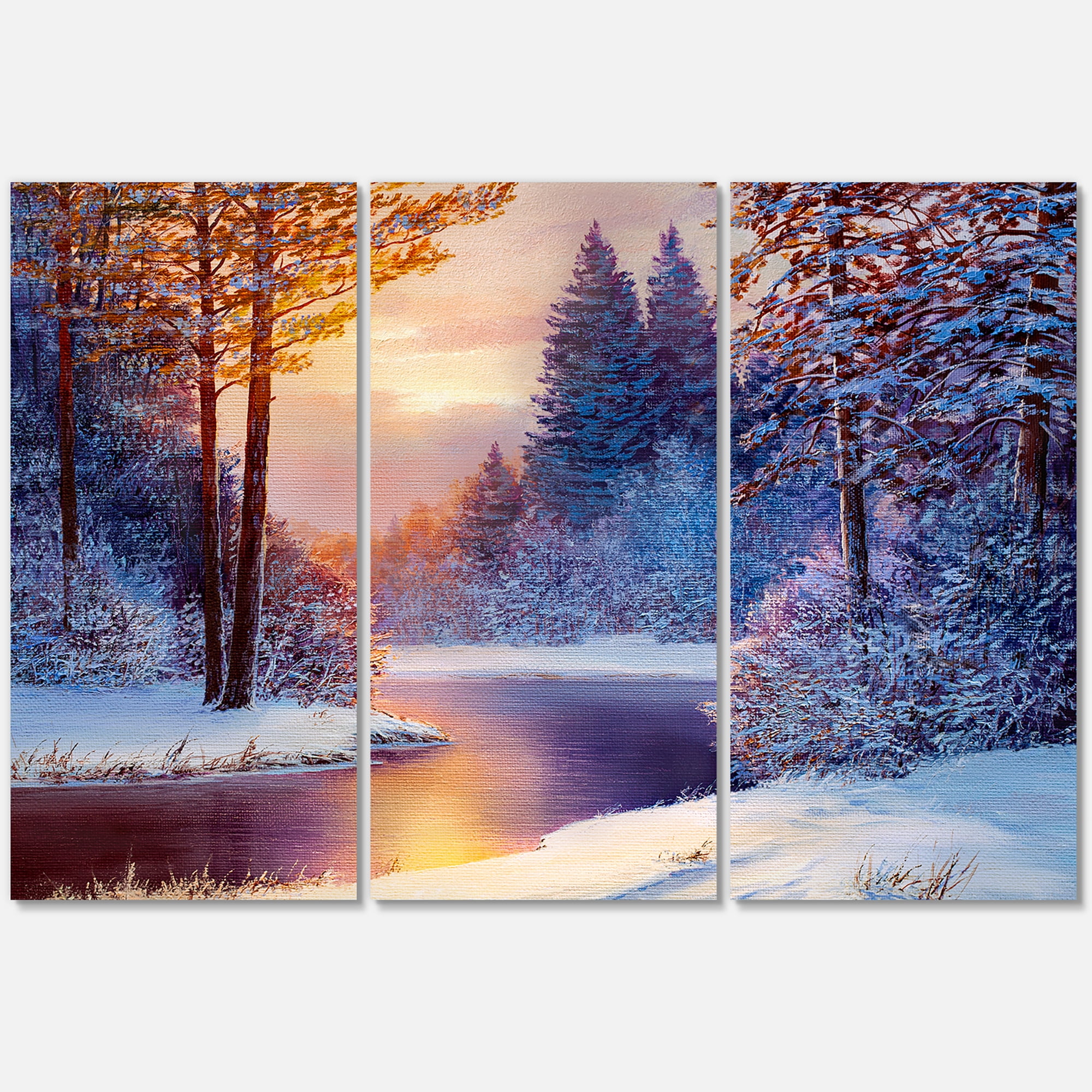 Designart ' Dark Blue Silhouettes of Trees With Winding River ' Lake House Canvas Wall Art Print