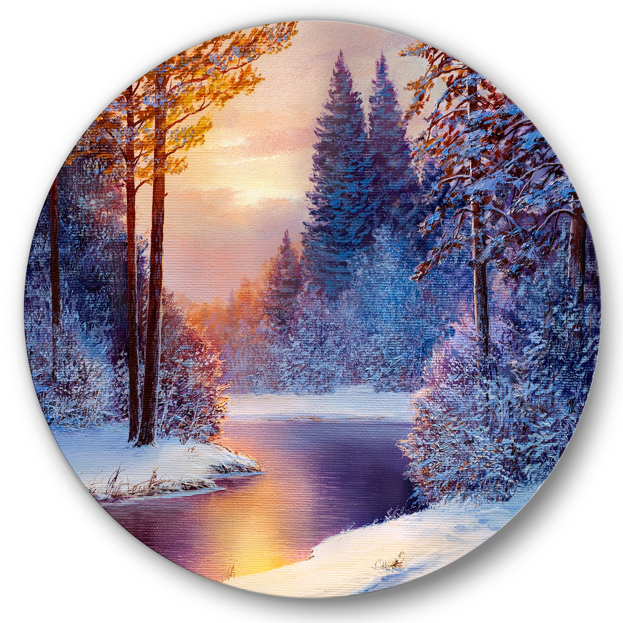 Designart 'Dark Blue Silhouettes of Trees With Winding River' Lake House Circle Metal Wall Art 29x29 - Disc of 29