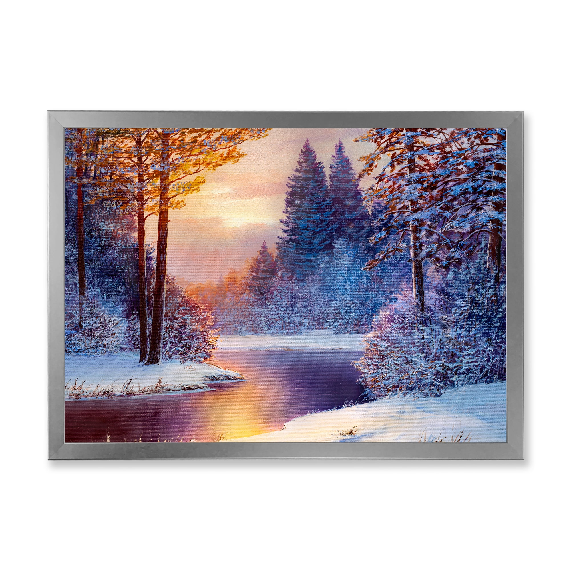 Designart 'Dark Blue Silhouettes of Trees With Winding River' Lake House Framed Art Print