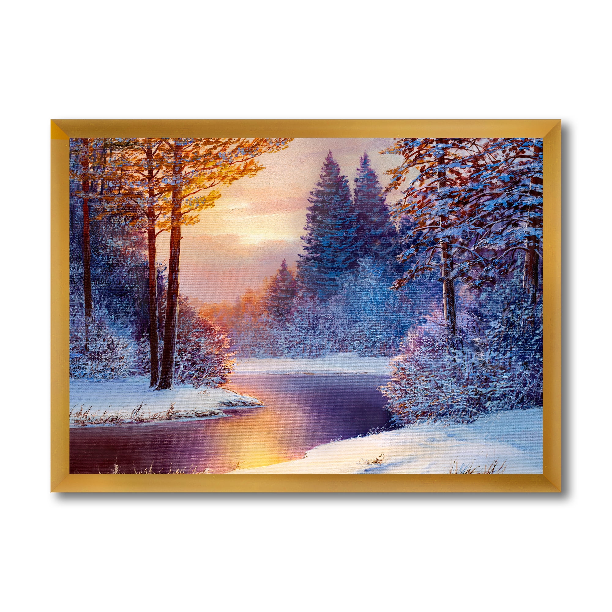 Designart 'Dark Blue Silhouettes of Trees With Winding River' Lake House Framed Art Print