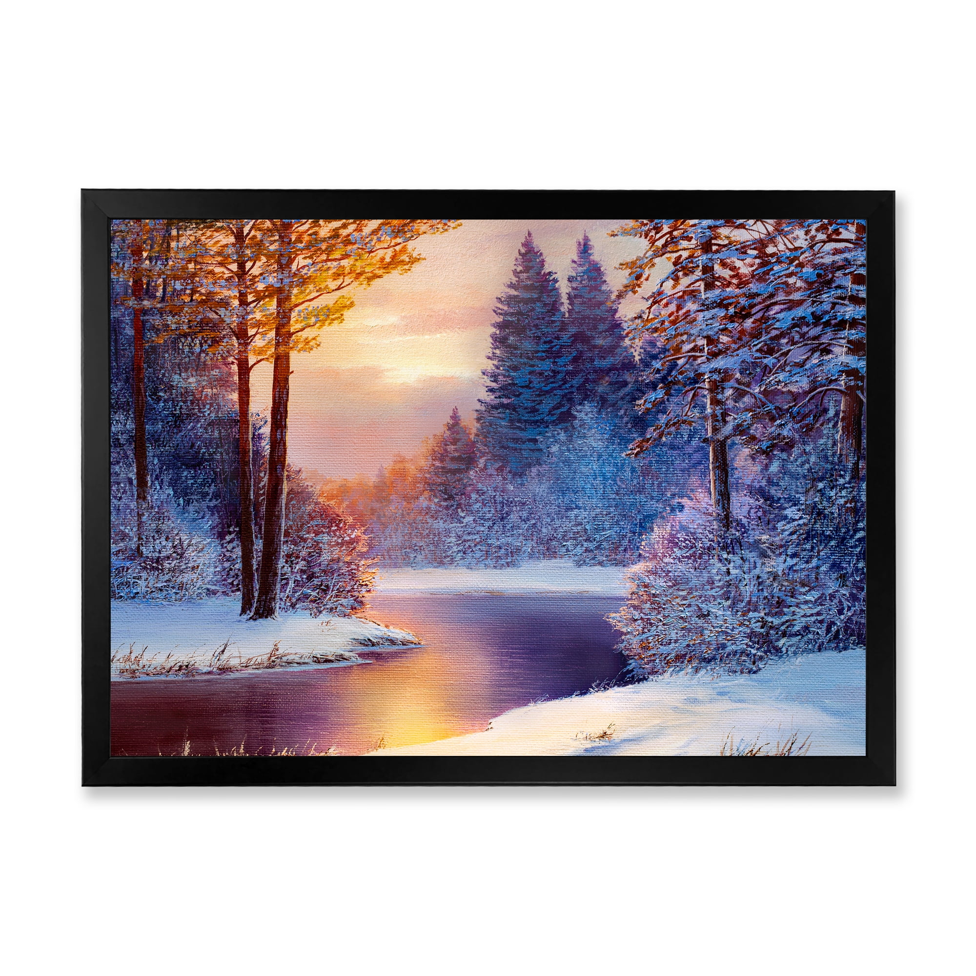 Designart 'Dark Blue Silhouettes of Trees With Winding River' Lake House Framed Art Print
