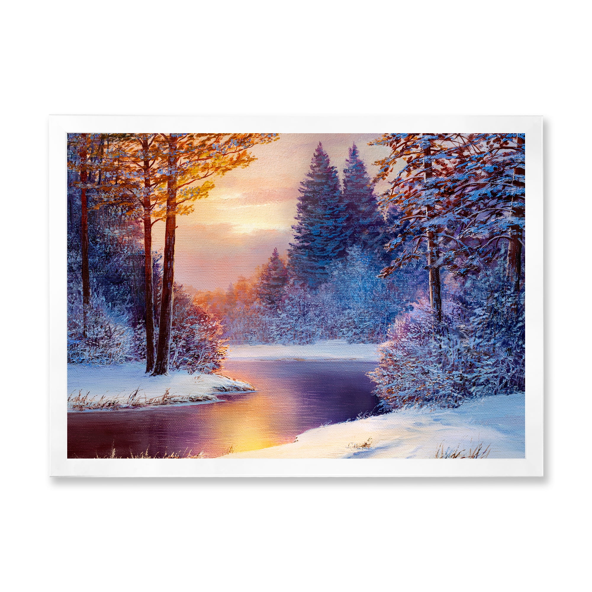 Designart 'Dark Blue Silhouettes of Trees With Winding River' Lake House Framed Art Print