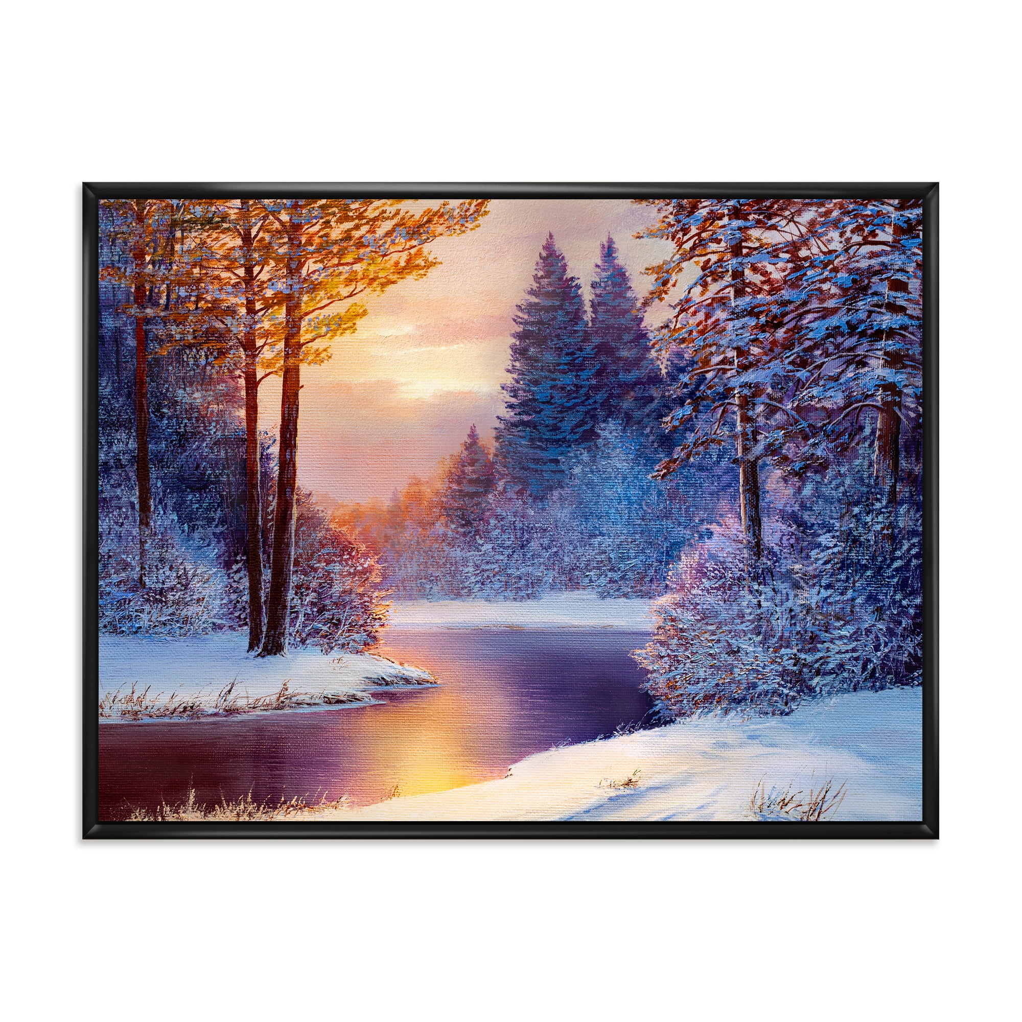 Designart 'Dark Blue Silhouettes of Trees With Winding River' Lake House Framed Canvas Wall Art Print