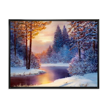 Designart 'Dark Blue Silhouettes of Trees With Winding River' Lake House Framed Canvas Wall Art Print