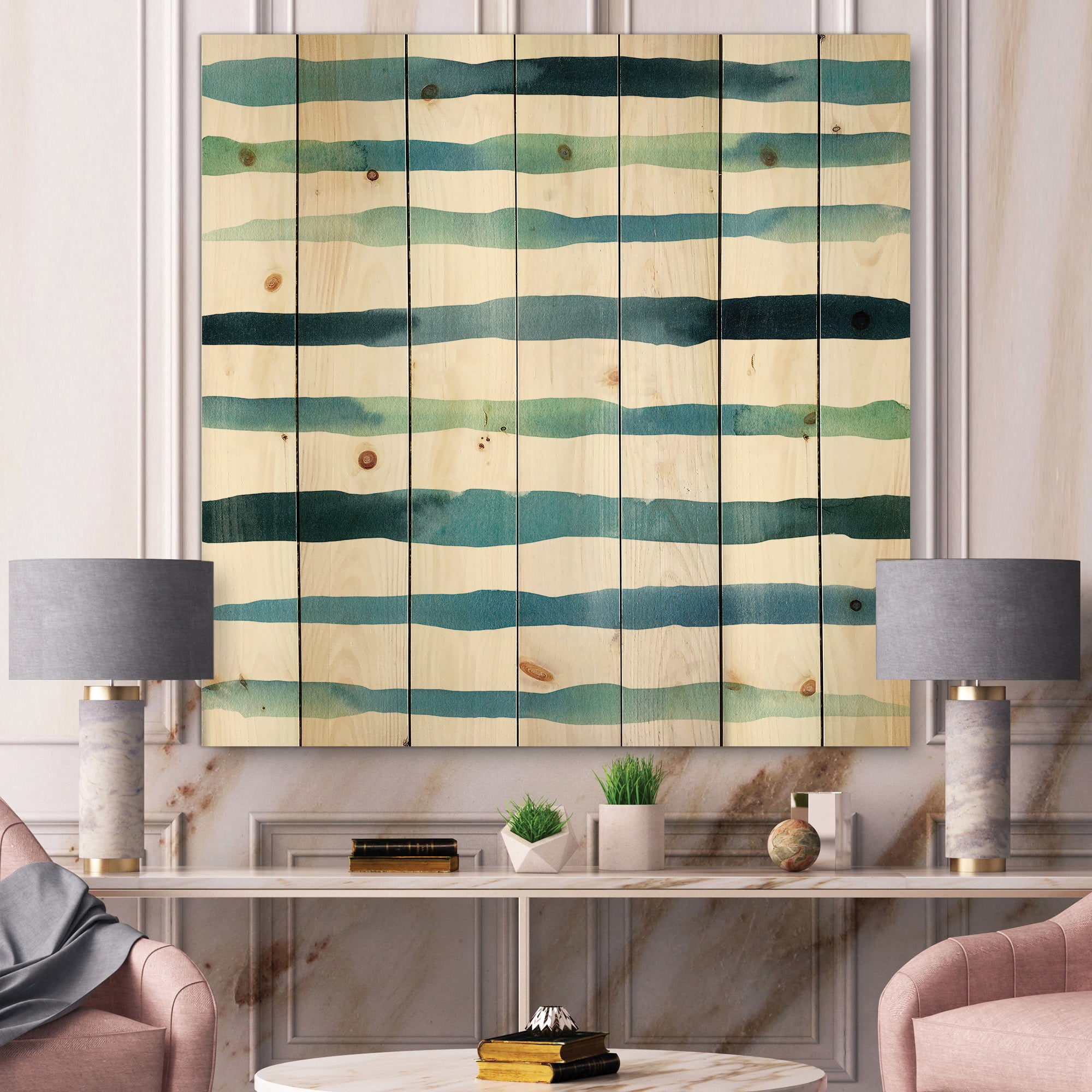 Designart 'Dark Blue Verticals Aquatic ' Modern Print on Natural Pine Wood