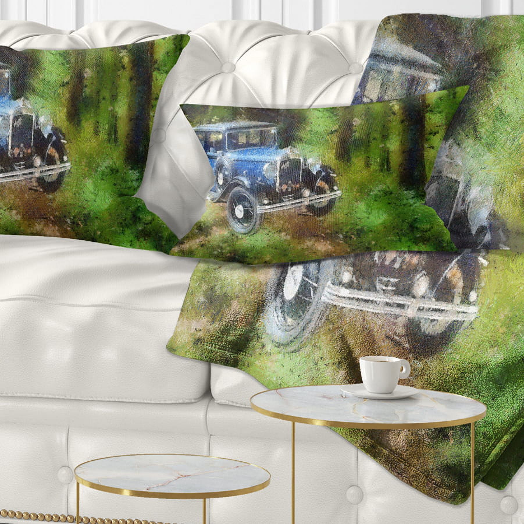 Designart Dark Blue Vintage Car Oil Painting - Car Throw Pillow - 12x20