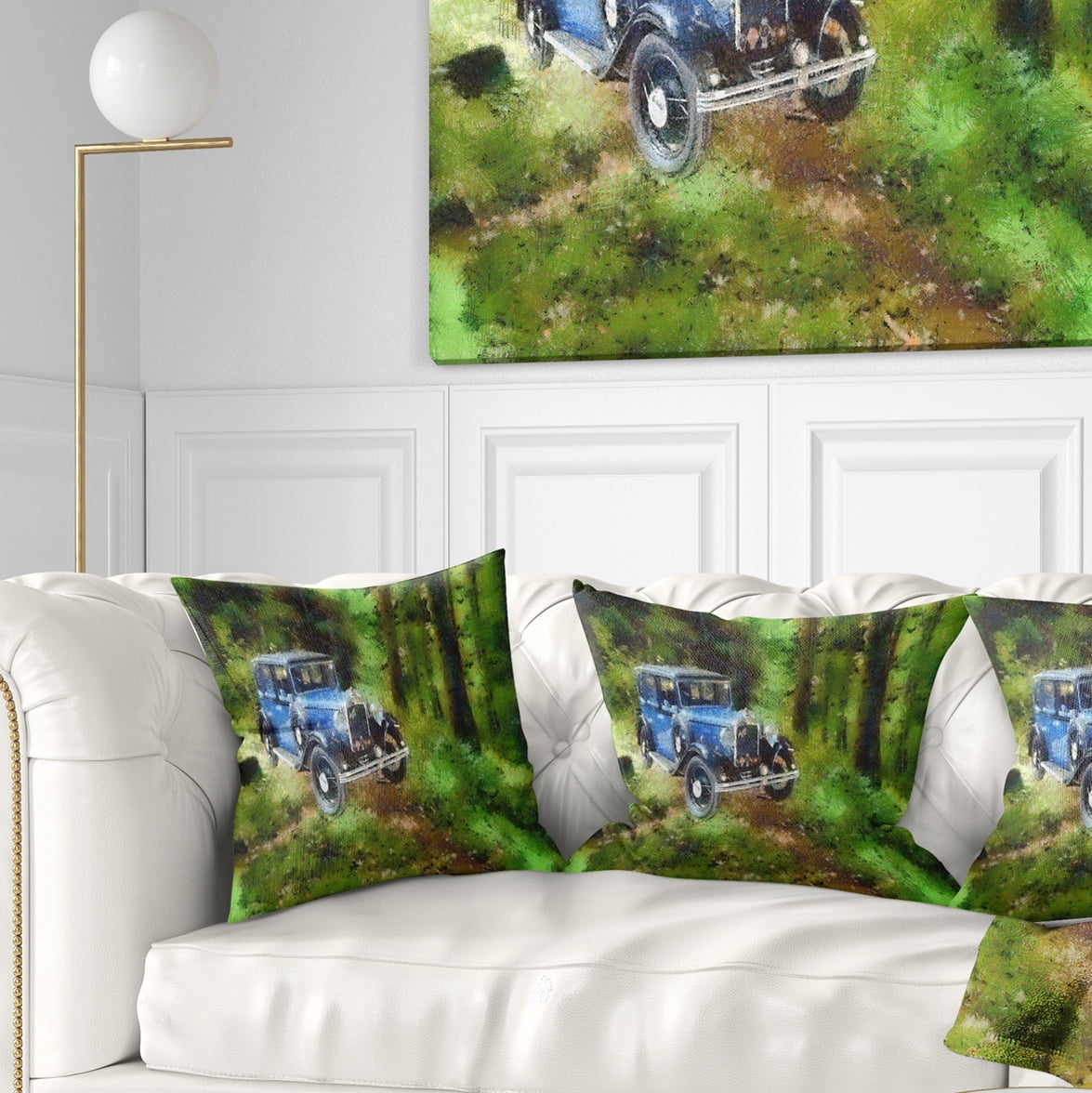 Designart Dark Blue Vintage Car Oil Painting - Car Throw Pillow - 18x18