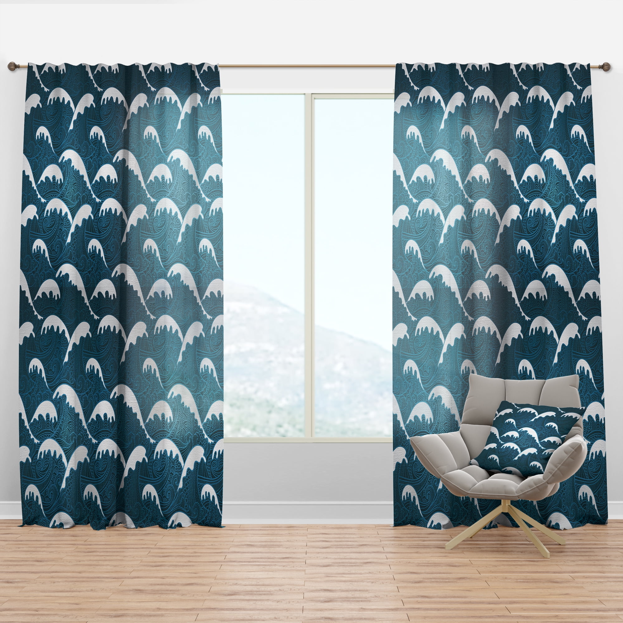 Designart 'Dark Blue Waves Pattern' Nautical & Coastal Curtain Panel