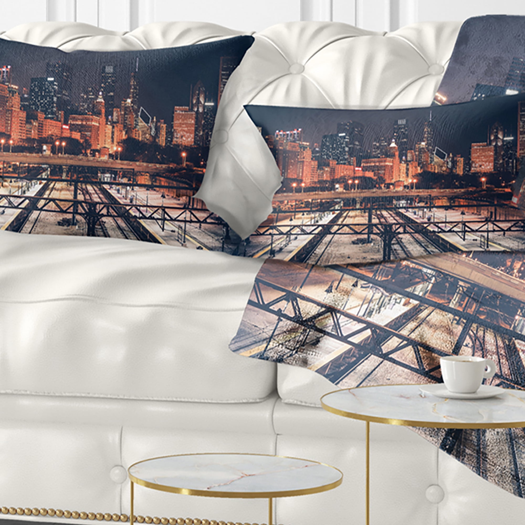Designart Dark Chicago Skyline and Railroad - Cityscape Throw Pillow - 12x20