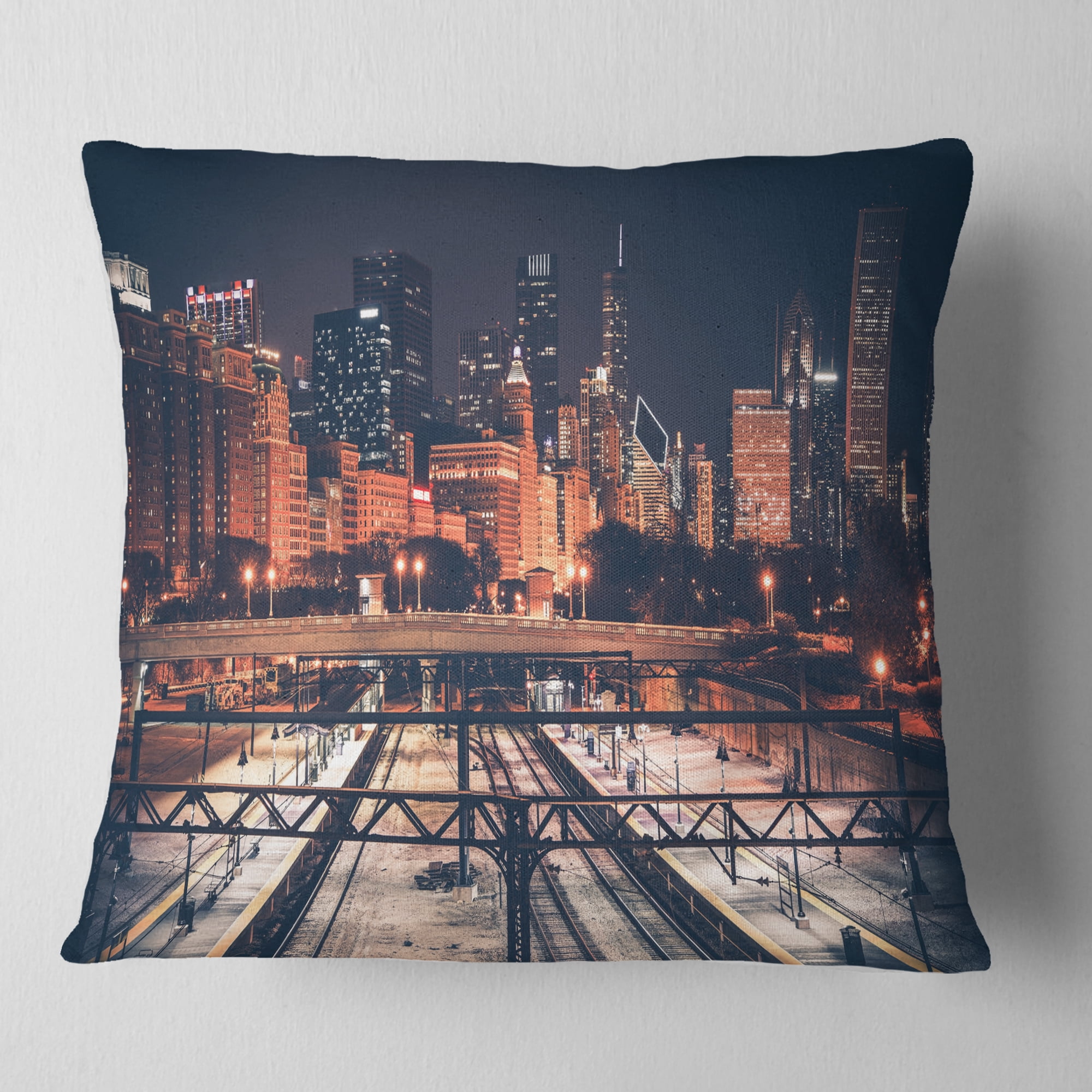 Designart Dark Chicago Skyline and Railroad - Cityscape Throw Pillow - 18x18