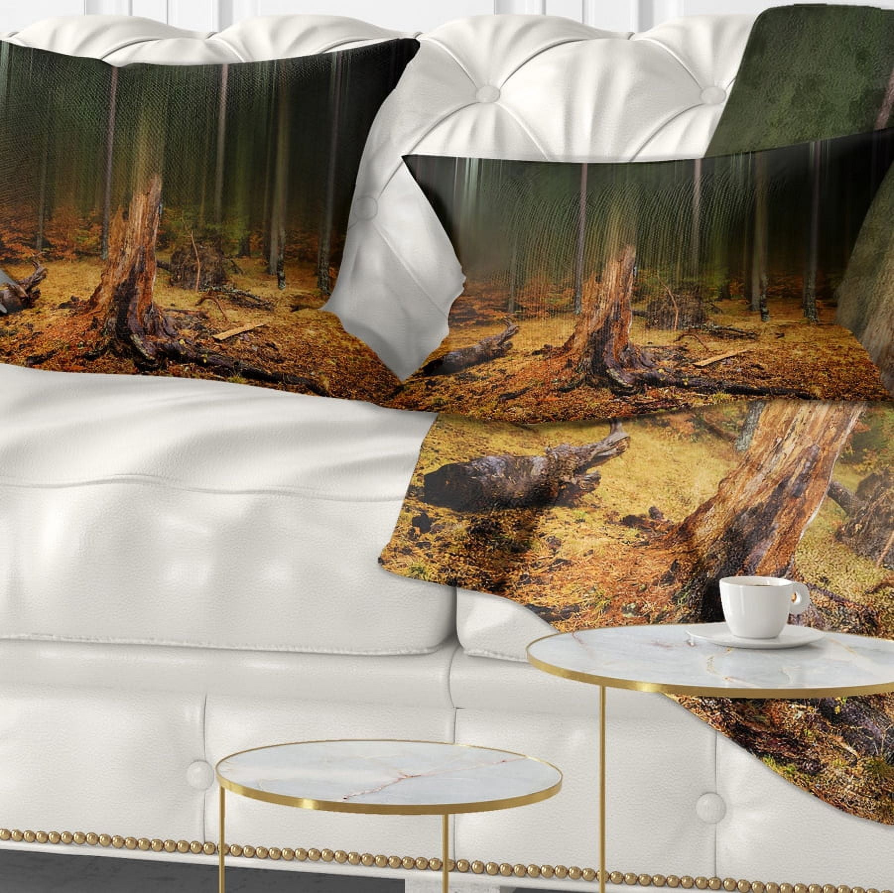 Designart Dark Fall Forest on Foggy Morning - Landscape Printed Throw Pillow - 12x20